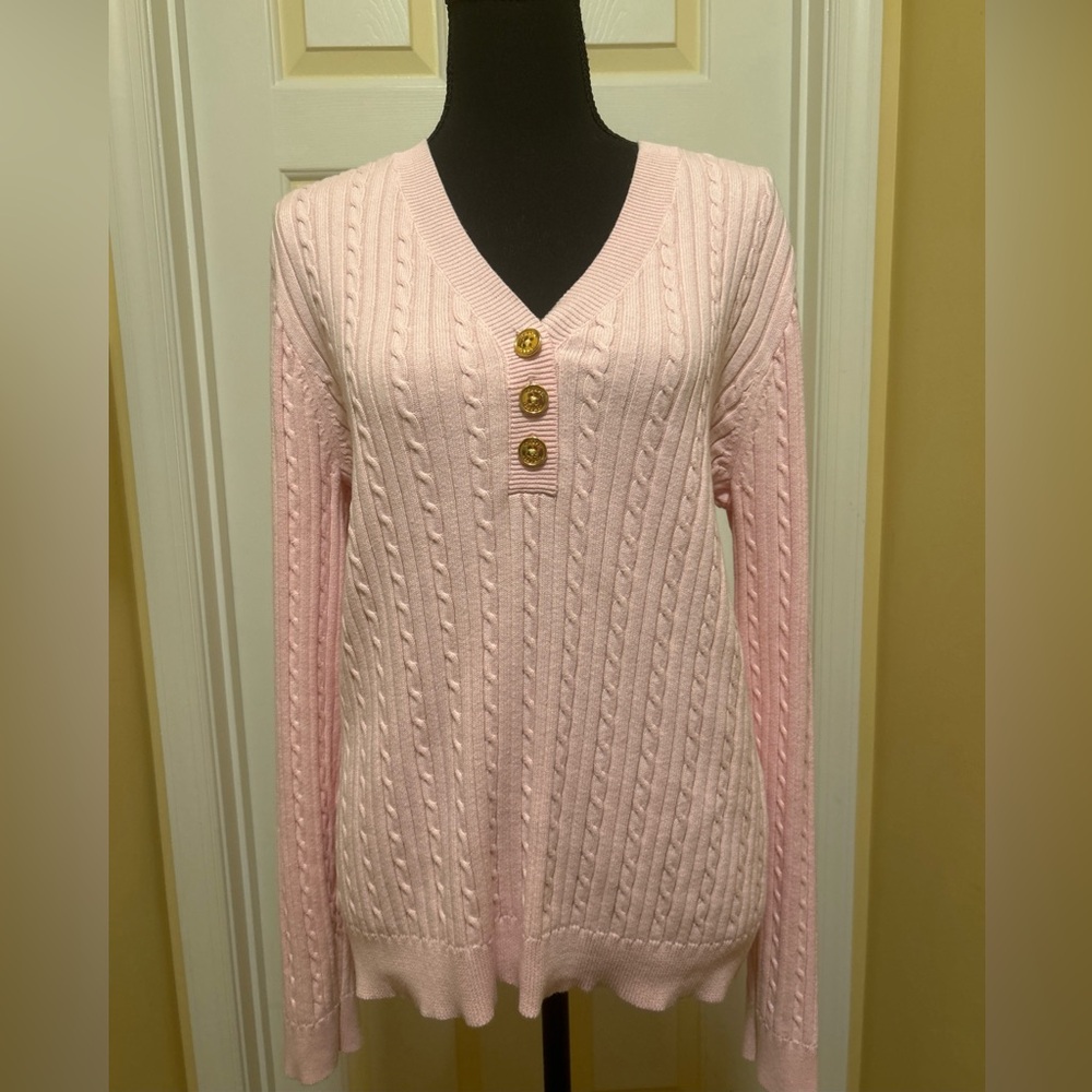 Chaps Light Pink V-Neck Cable Knit Sweater
